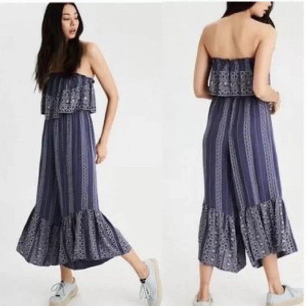 Japna Blue Strapless Smocked Flare Wide Leg‎ Romper Jumpsuit Size XSmall